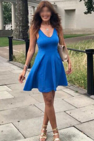 Escort in blue dress